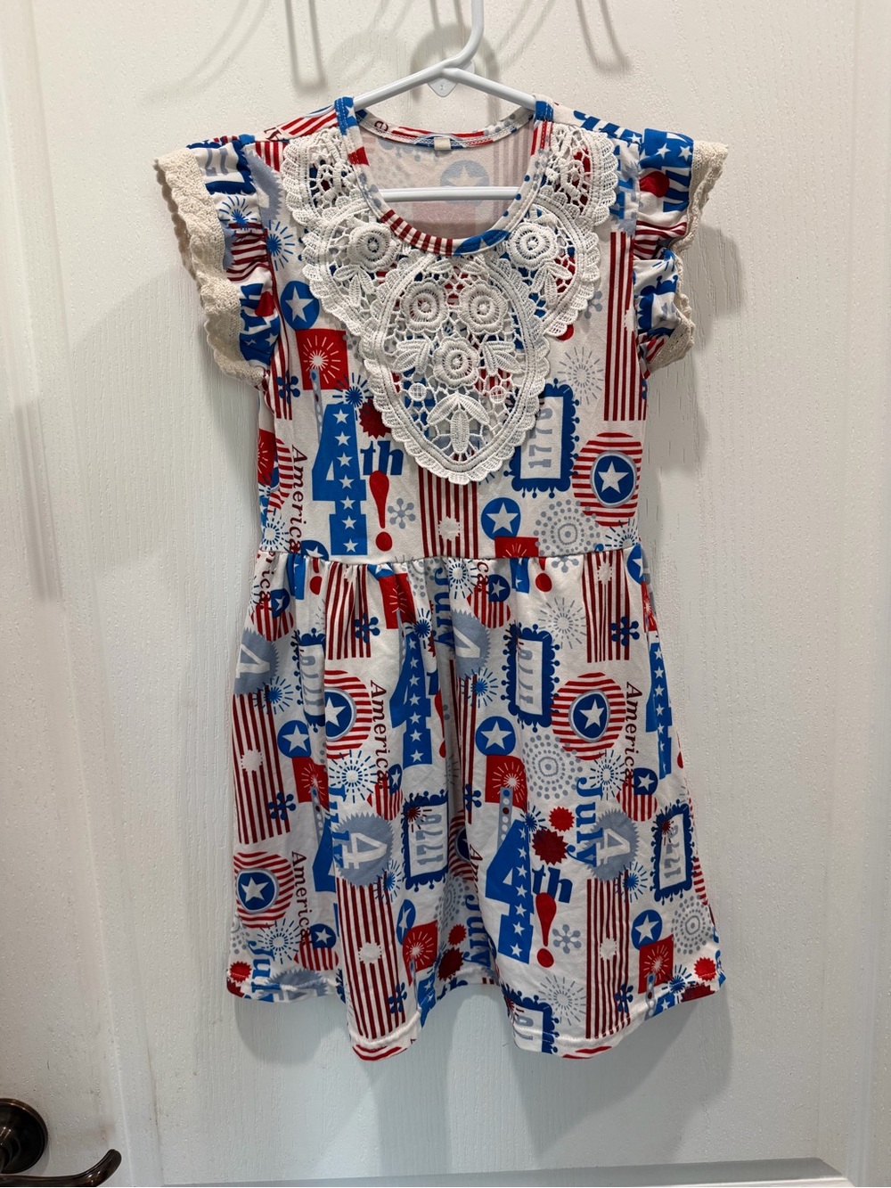 Girls' Patriotic Red, White & Blue Lace Yoke Casual Dress